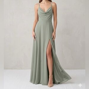 Jenny Yoo Sage Green Chiffon Halter Cowl Neck Maxi Dress Slit Sz 10 Bridesmaid